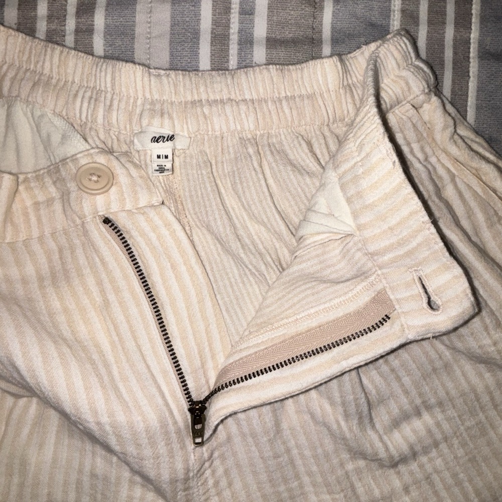 Aerie Women Cream Pin Strip Wide Leg Pleated Pockets Cotton Comfort Size Medium - Picture 6 of 12